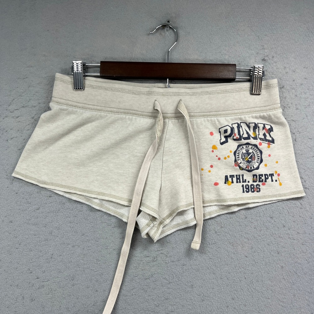 Pink Victorias Secret Shorts Women XS Tan Graphic Fleece Sweat Gym Lounge Y2K